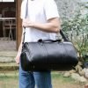 Black soft leather large capacity travel bag