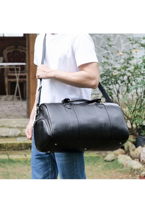 Black soft leather large capacity travel bag